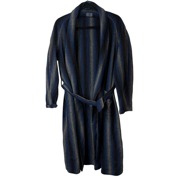 Pendleton Vintage Wool Robe Tie Waist Stripe Long Sleeve Blue Grey One Size - Picture 1 of 8